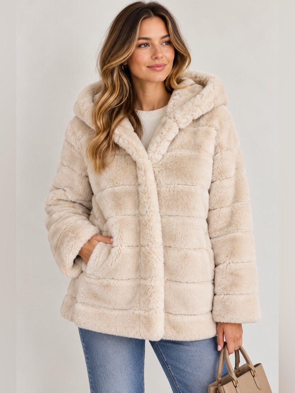 Laundry by Shelli Segal Cream Faux Fur Hooded Coat Leopard Lining M
